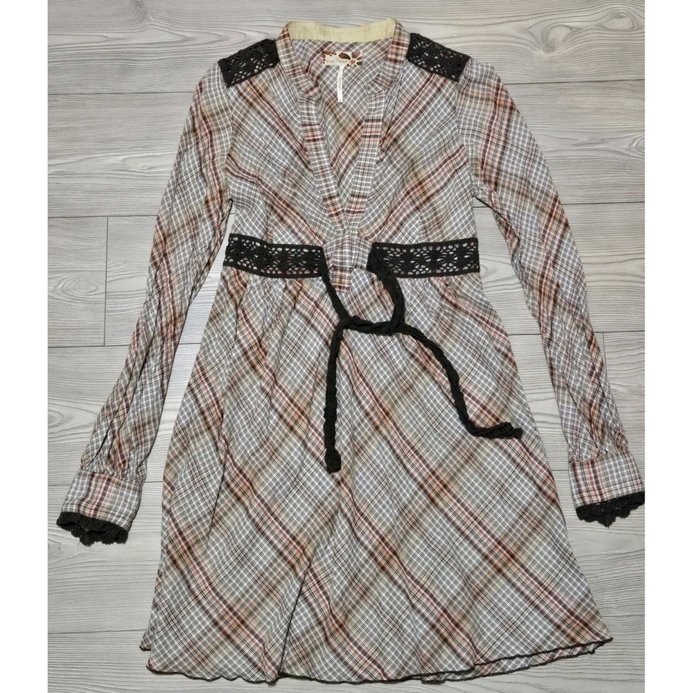 Free People Plaid Mini Dress Brown /w Tie, Size 8, 100% Cotton